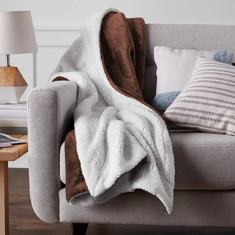 Super Soft Sherpa Fleece Fur Thick Dual Sided Flannel Reversible Blanket Throw, Coffee, Double 150cm x 200cm