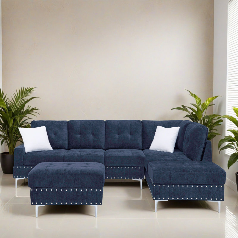 Canapé modulaire réversible en forme de L 102,02 po avec repose-pieds pour salon, Marine