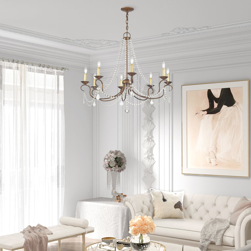 Lustre classique à 8 lumières de style bougie avec détails en cristal Fabio, Bronze doré vénitien