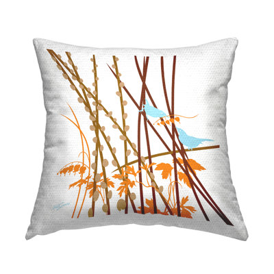Contemporary Birds Pussy Willows Outdoor Printed Pillow by Evelia Designs