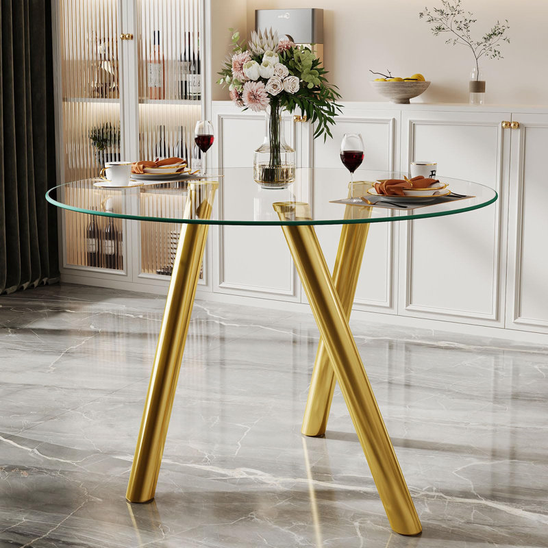 35" Round Glass Top Dining Table for 4 with Metal Base, for Kitchen and Small Spaces, Gold, Transparent
