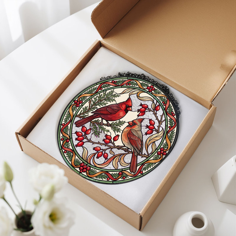 Vitrail Cardinal Birds, H 7,8 po