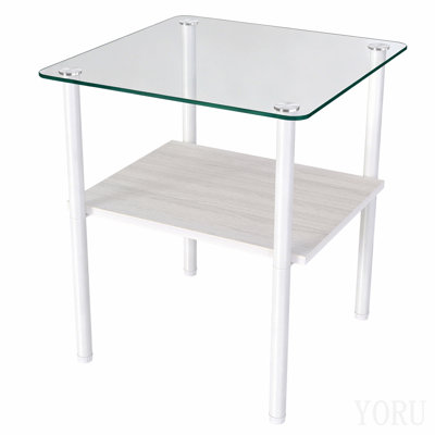 2-Piece Modern Rectangular Glass Side Table, Tempered Glass Tabletop, Mdf Storage Shelf  Metal Legs, Minimalist Sofa Side Table For Living Room  Bed