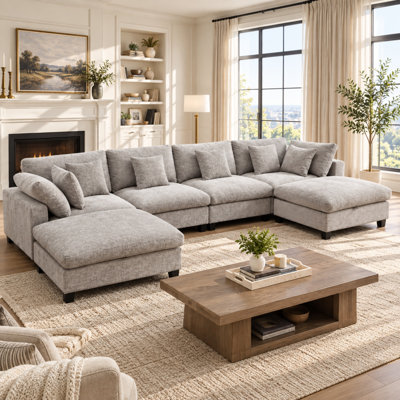 Canapé d'angle modulaire moderne en forme de U avec revêtement en chenille moelleuse et deux poufs polyvalents