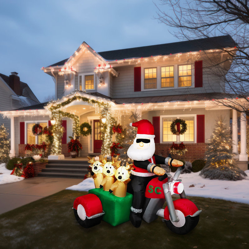 6-Ft Pre-lit Santa on Motorcycle with Reindeer Sidecar Inflatable