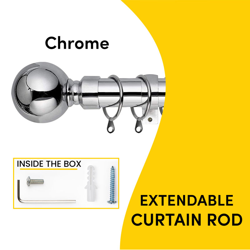 Waloo Premium-Quality Adjustable Plain Metal Curtain Rod for Heavy Room Darkening Panels (with Finials), Chrome, 120-210cm