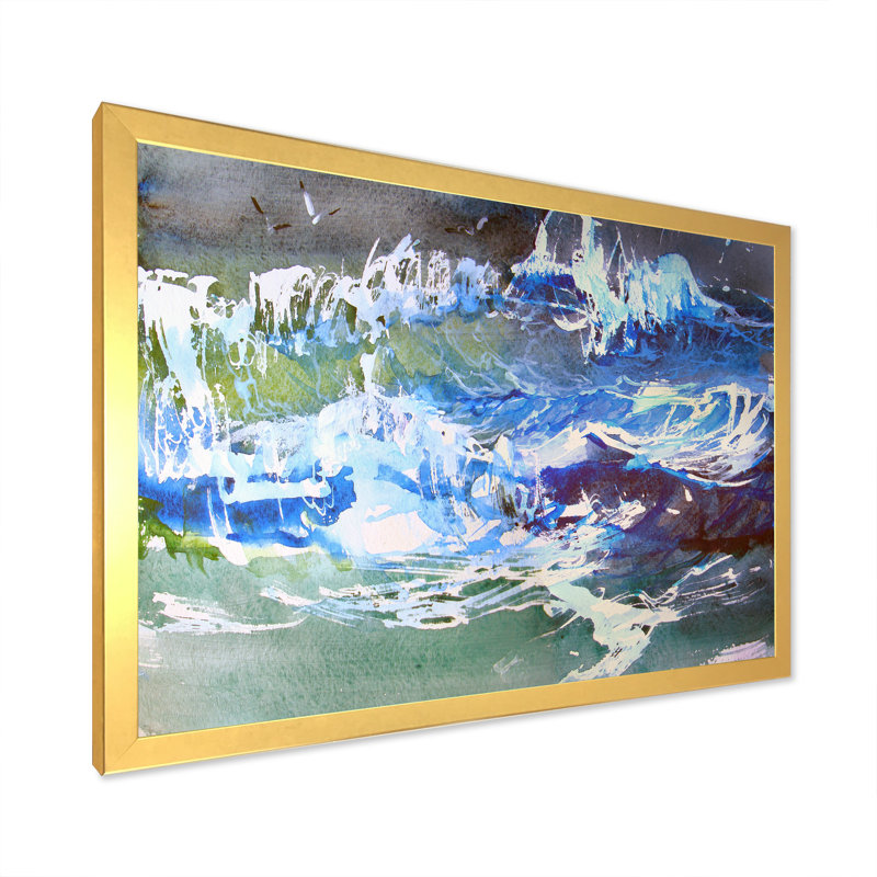 Tempête dans l'océan - reproduction d'art sur toile nautique et côtière, H 12 po x l 20 po x P 1 po, Encadrement doré