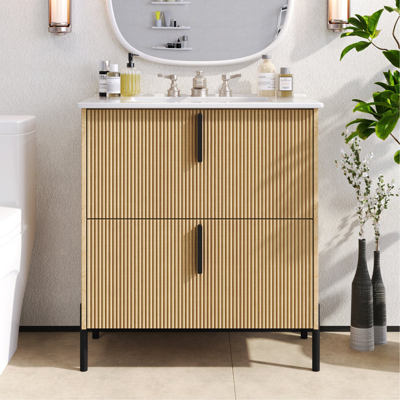 Meuble-lavabo de 30 po avec lavabo en céramique et tiroirs pleine extension, glissières de tiroir à fermeture en douceur, conception cannelée, naturel