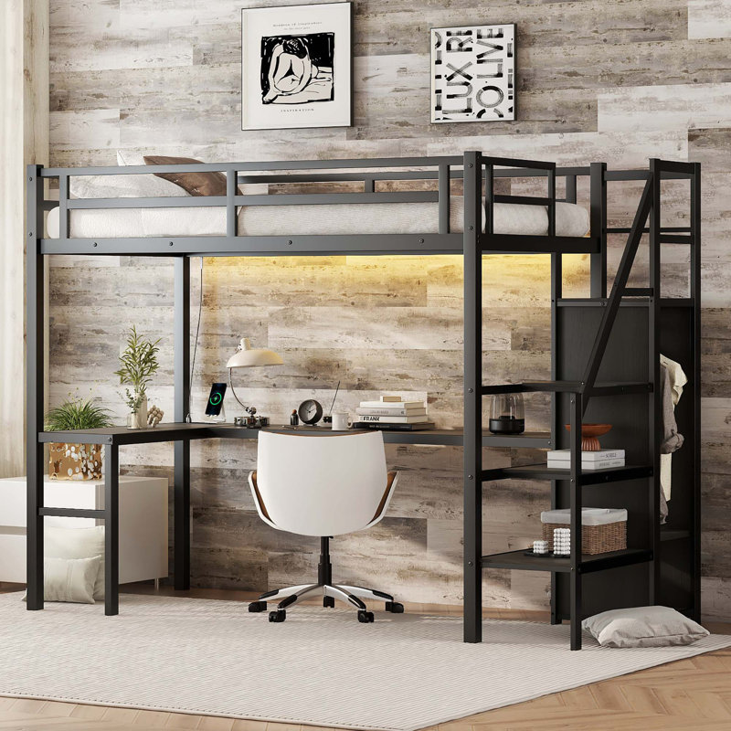 Lit mezzanine avec bureau en L et port USB, lit mezzanine en métal avec garde-robe et tablette réglable, lit mezzanine haut avec DEL
