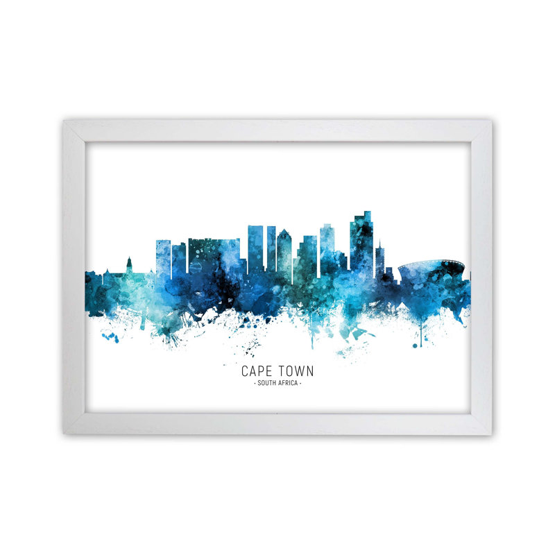 Cape Town South Africa Skyline Blue City Name by Michael Tompsett - Print, White Framed, 64cm H x 88cm W x 3cm D