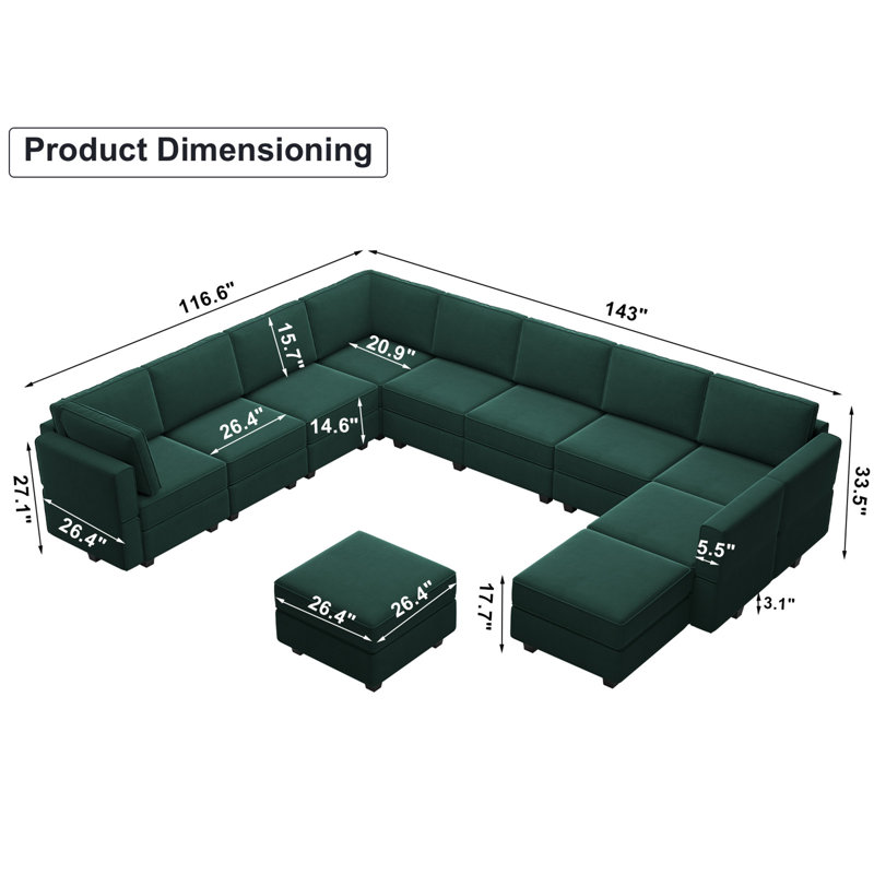 Wylodene 143" W Velvet Modular Sectional Sofa, Green Velvet