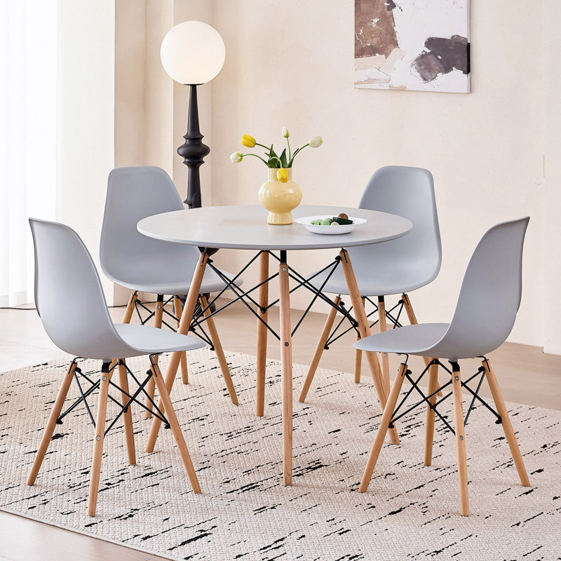 5 Piece Round Dining Table with Chairs Set for 4, 35.5/31.4 Inch Dining Room Table Set, Gray, 29.3" H x 31.5" W x 31.5" D