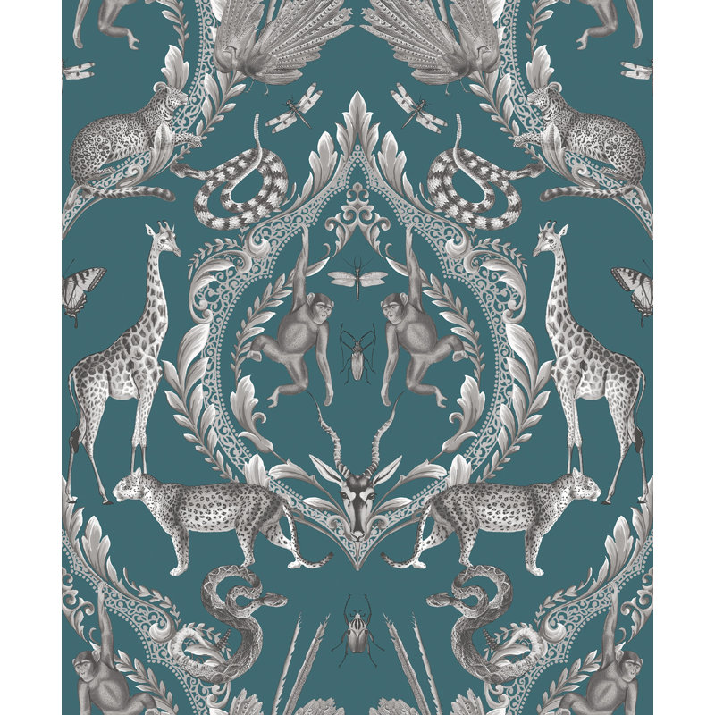 Bazaar Metallic Jungle Menagerie Damask 33' L x 21" W Wallpaper Roll, Teal