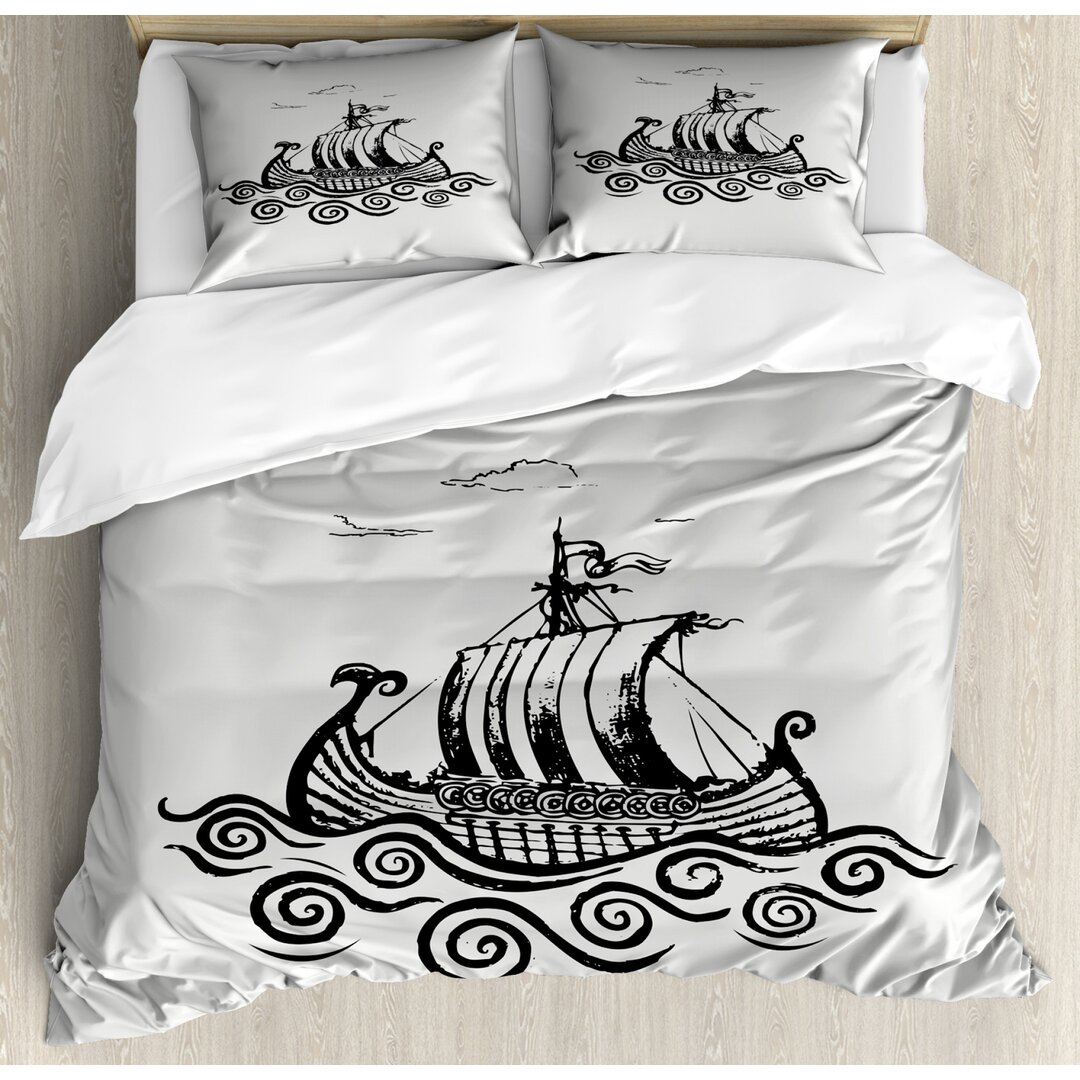 Bettbezug Set, Schiff mit Whirlpool Waves, Wikinger, Pale Grau Koksgraue