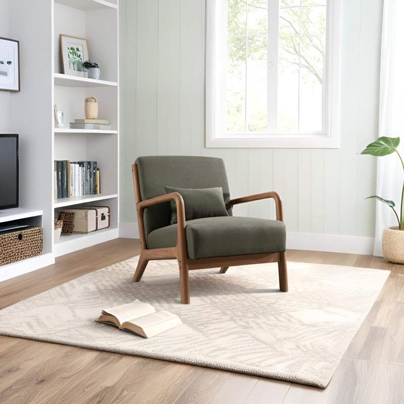 66 cm Wide Modern Minimalist Upholstered Solid Wood Accent Armchair with A Supportive Backrest (Set of 2), Dark Green Linen