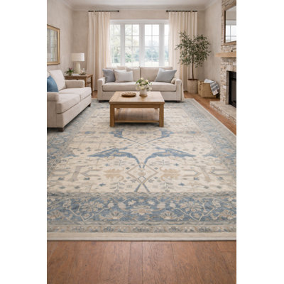 Tapis crème / bleu oriental en laine noué à la main 5 pi x 6 pi 10 po
