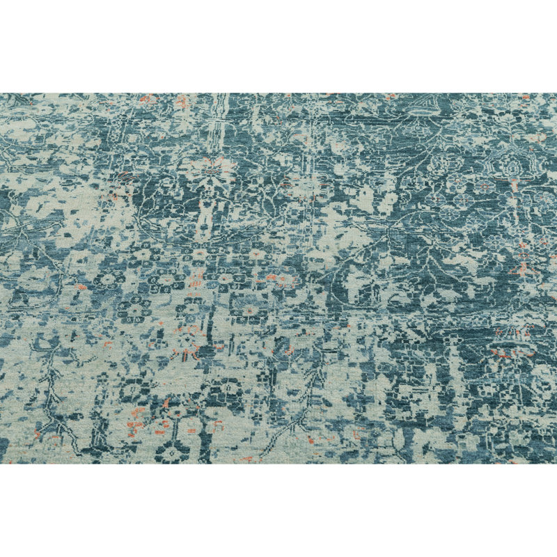 Wool Oriental Area Rug in Teal/Ivory, Rectangle 10' x 14'