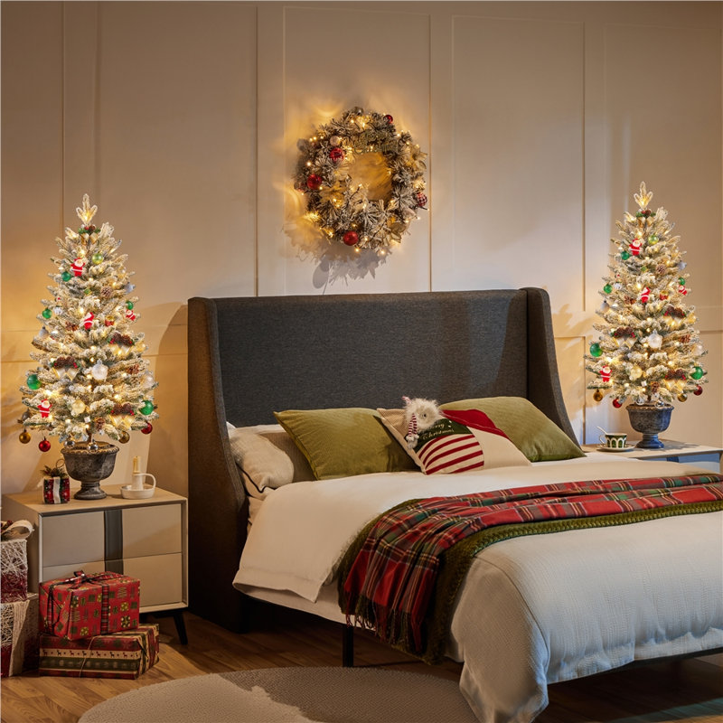 Pre-lit Potted Flocked Tabletop Christmas Tree(Set of 2), 3ft