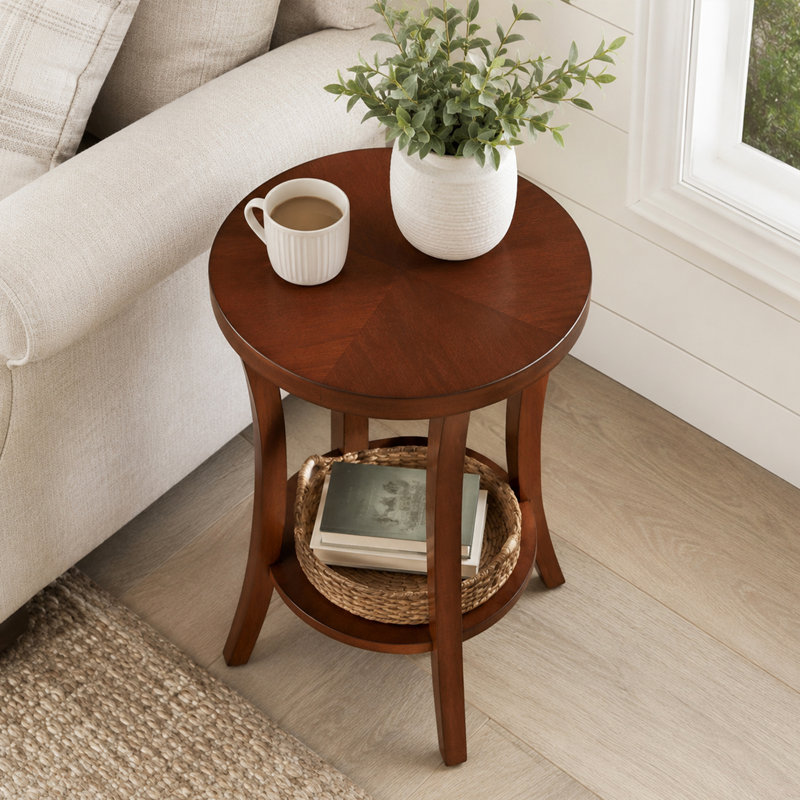 Table de bout ronde Dinh avec tablette, Acajou