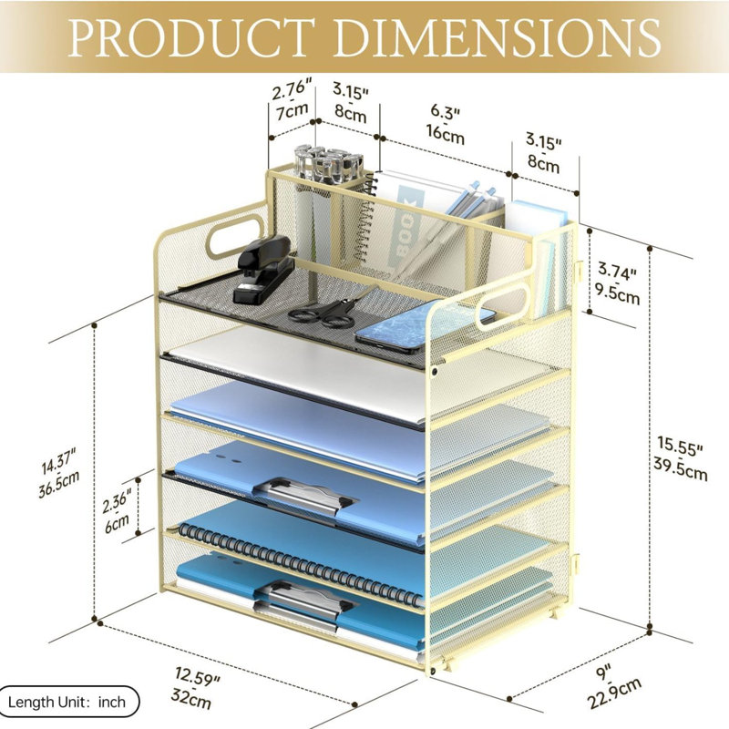 6 Tier Metal Desk File Organizer With Handle And Pen Holders, Yellow