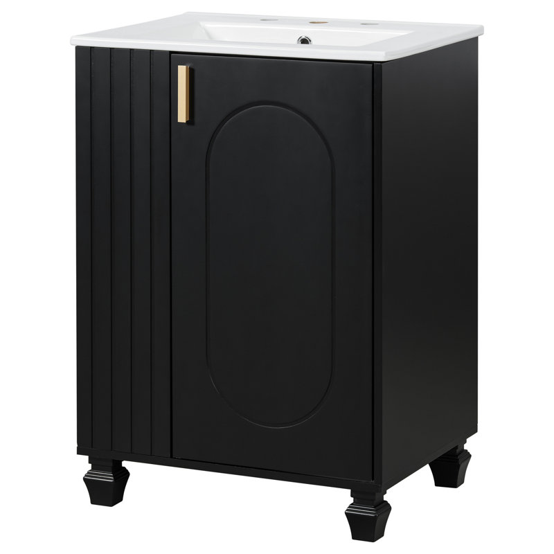 Meuble-lavabo 24 po avec lavabo, armoire de salle de bain avec tablette de porte, rangement latéral ouvert, structure en bois massif, porte à fermeture douce, noir