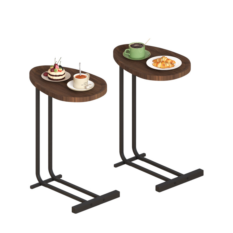Set of 2 c-shaped side tables in white, modern wood top with metal frame design for sofa and bedside use