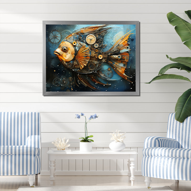 «Yellow Cubist Fish», art mural bleu, Cadre de coin argenté fermé, H 30 po x l 40 po x P 1,5 po
