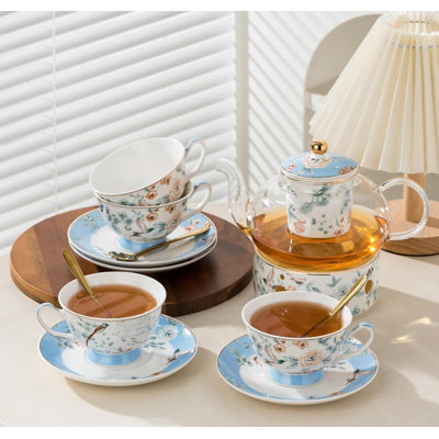 16 Piece Blue Floral Porcelain Teapot Set with Warmer Strainer Spoon 4 Cups & Saucers