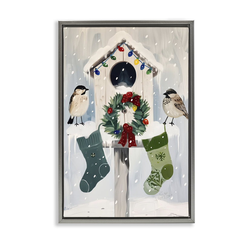 Cadre flottant Festive Christmas Birdhouse, design par Arlington Prints, H 25 po x l 17 po, Cadre flottant gris lustré