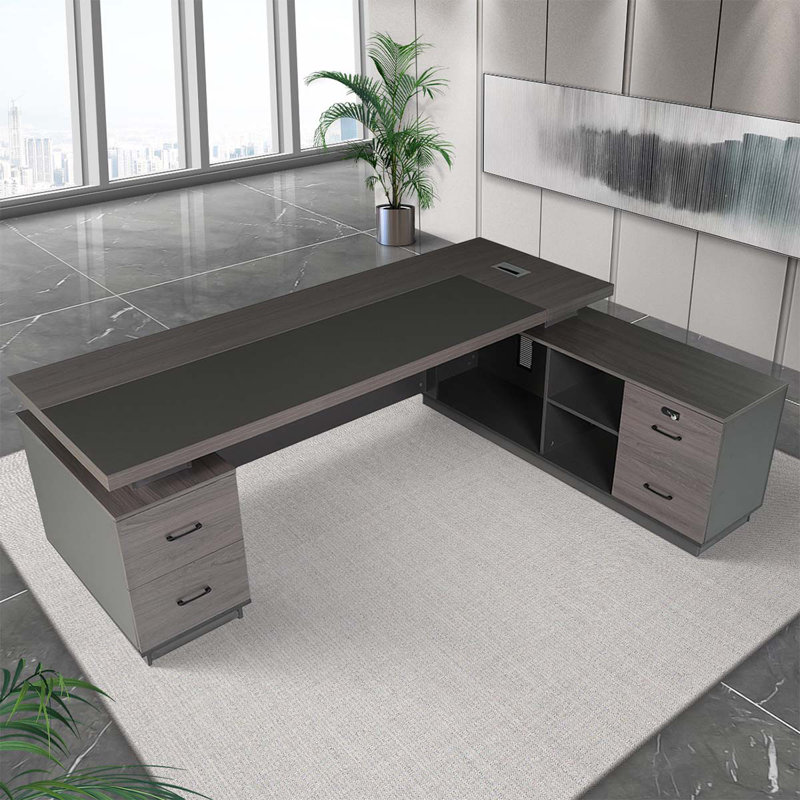 Bureau d'ordinateur en forme de L Nafis gris avec deux casiers , La longue armoire sur le côté droit du bureau