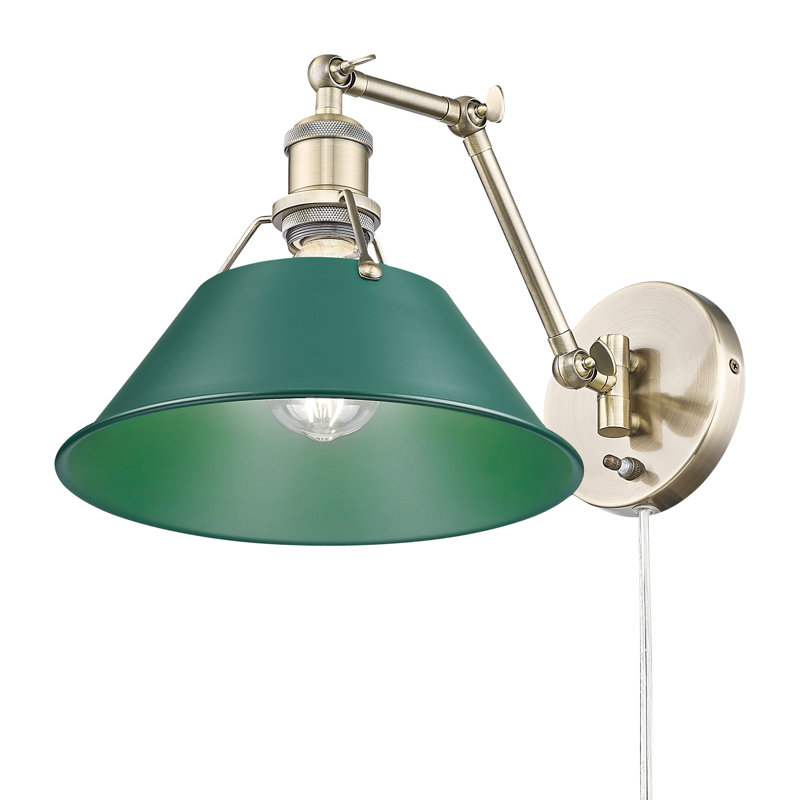 Applique murale articulée en laiton vieilli avec vert pin Orwell, Laiton vieilli
