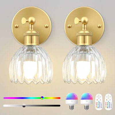 Ensemble de 2 appliques murales sans fil à piles avec ampoules DEL rechargeables incluses, télécommande, lumières à intensité variable RVB avec abat-jour en verre tulipe