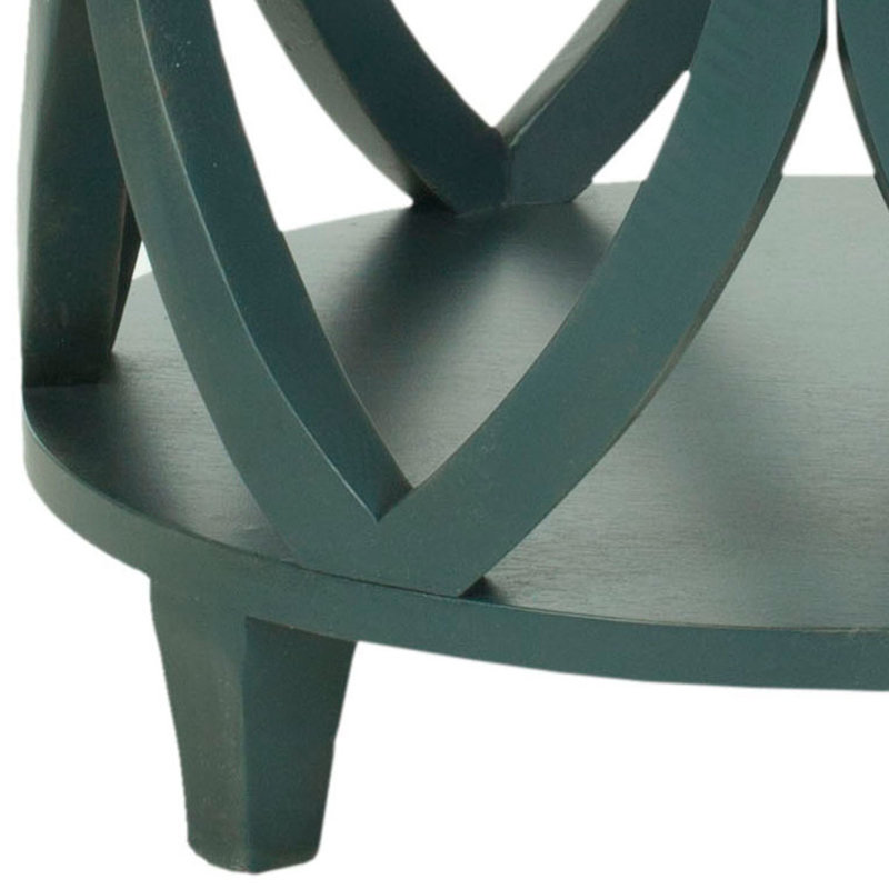 Dark Teal Geometric Wood and Metal Round Accent Table