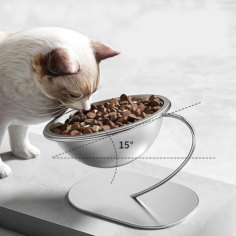 Bol pour chat incliné à 15 °, mangeoire pour animaux de grande capacité en acier inoxydable 304 avec support antidérapant amovible, protège-cou pour chien et petits chiens