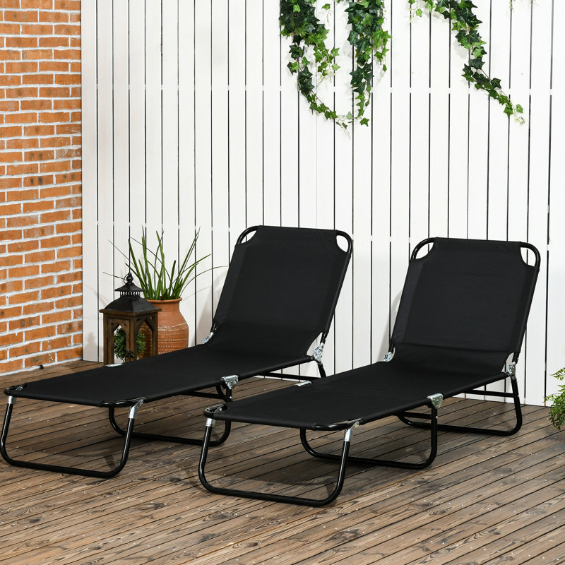 2 chaises longues de plage pour le bronzage, dossier inclinable à 5 niveaux, pliant, cour à cadre en acier, patio, chaises de plage pliantes noires, inclinable, méridienne