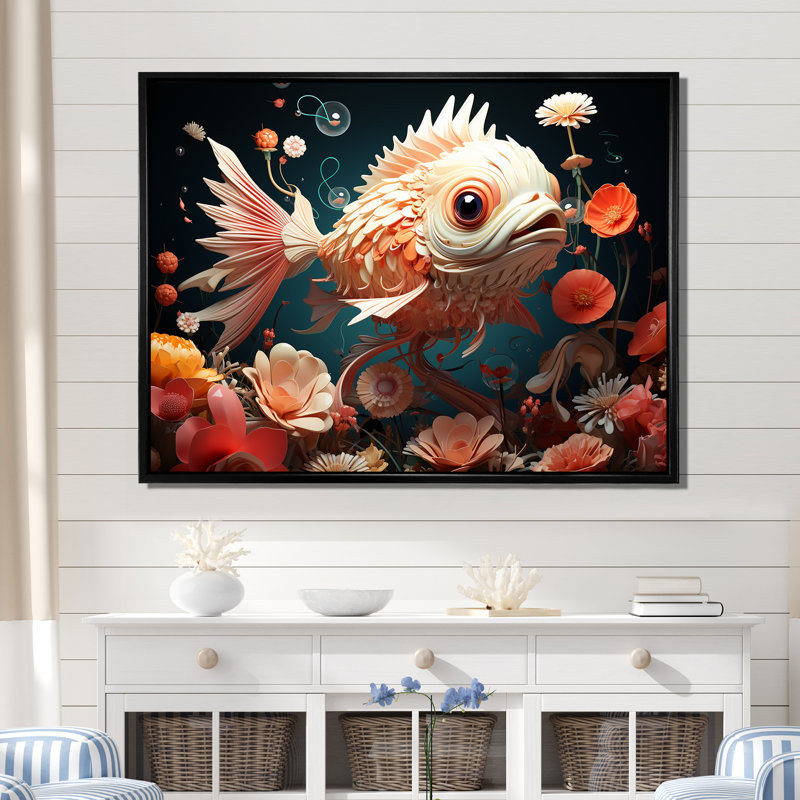 Art mural surréel de poisson sous-marin II, Cadre flottant noir, H 34 po x l 44 po x P 1,5 po