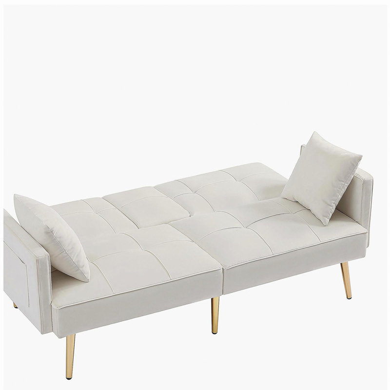 Canapé-lit futon crème en velours blanc avec pieds en métal doré