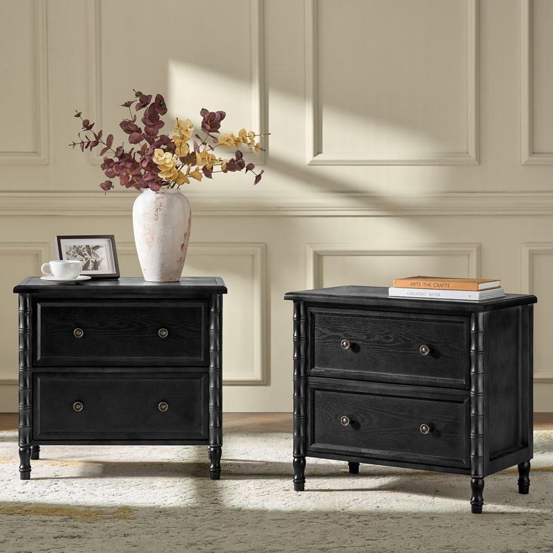 Lucious Transitional 26''W 2-Drawer Spindle End Table with Charging Station and Simple Assembly Set of 2, Black