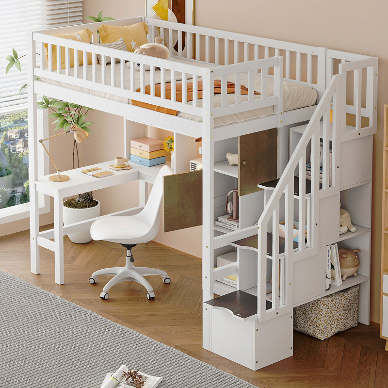 Lit mezzanine simple en bois avec bureau intégré, DEL, tablettes de rangement, armoires et escalier