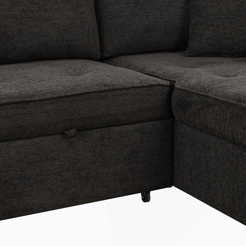 104" Modern L-Shape 3 Seat Reversible Sectional Couch, Pull Out Sleeper Sofa With Storage Chaise And 2 Stools For Living Room Furniture Set, Charcoal Grey