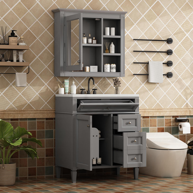Meuble-lavabo autoportant de 30 po avec lavabo, Gris, Argent argent