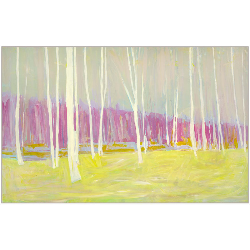 «Pink Yellow Woods» par Katie Ré Scheidt, H 39,25 po x l 61,25 po, Cadre flottant blanc