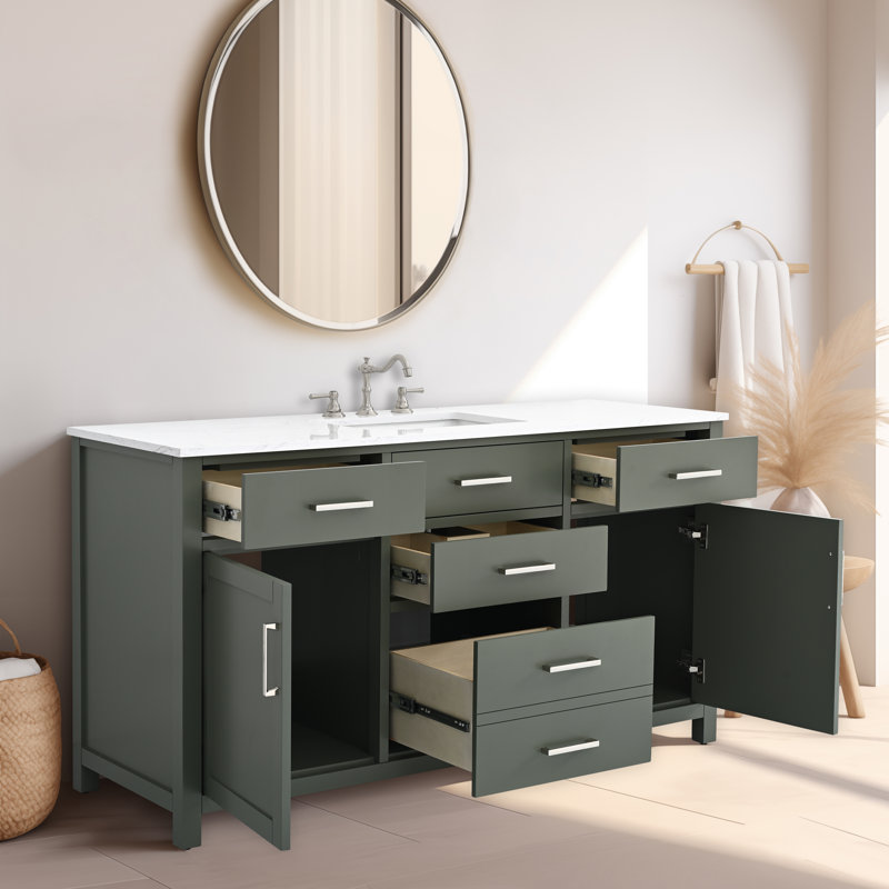Tremolo 60" Single Bathroom Vanity With Engineered Marble Top, Vintage Green / Polished Nickel