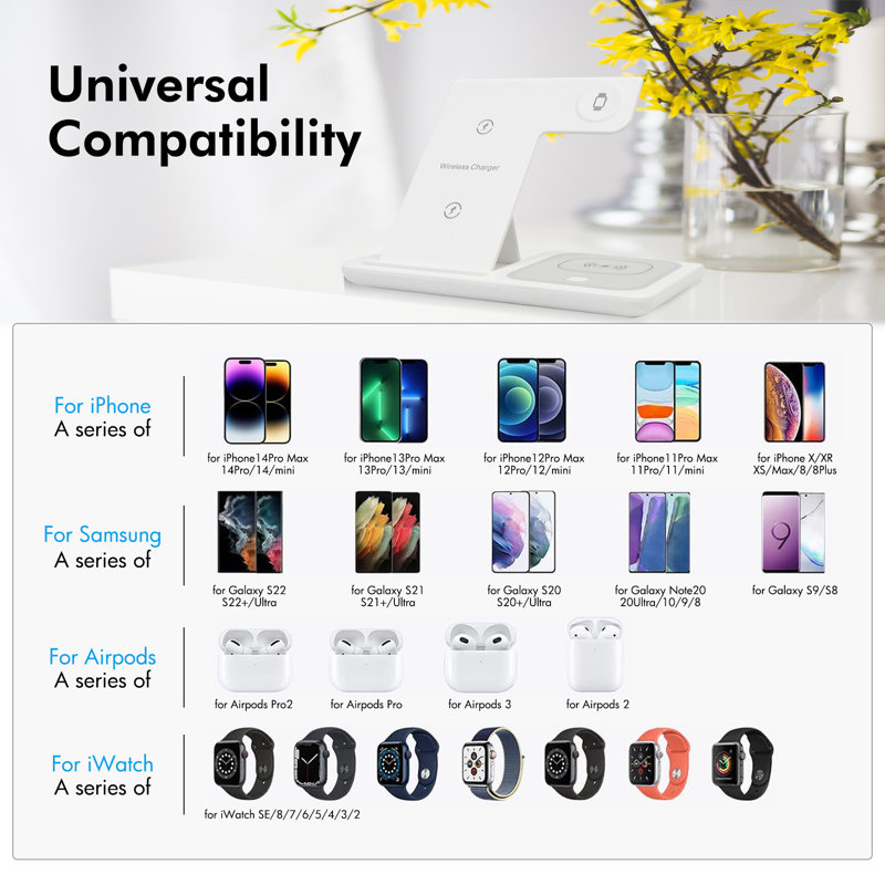 Wireless Charging Station, 15W 3 In 1 Charger Station, Fast Charging Dock Stand For Iwatch Series 10/9/8/7/6/Se/5/4/3/2, Compatible With Iphone 17 16 15 14 13 12 11 Pro/Xs/Samsung & Airpod