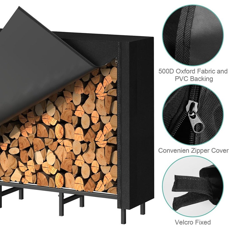 Support à bûches de bois d'extérieur avec couvercle, support à bûches réglable de 5,3 pi avec tissu Oxford noir imperméable pour rangement de foyer