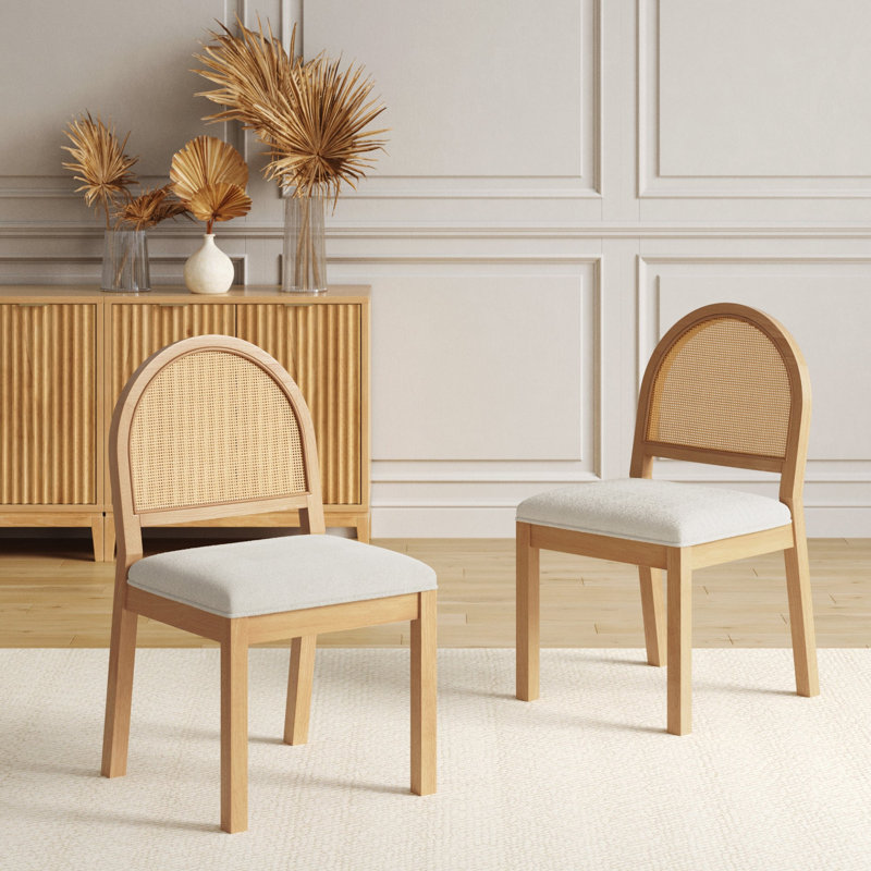 Ensemble de 2 tabourets courts rembourrés avec dossier en rotin tissé Boucle, Crème / pin chaud, 2