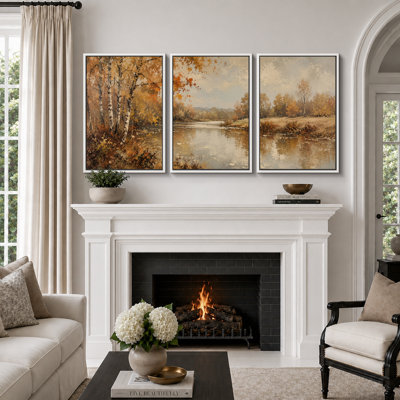 «Autumn River Birch Forest», art de la salle à manger, impression sur toile encadrée, 3 pièces