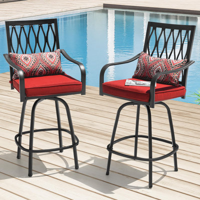 Edin Outdoor Patio Swivel Bar Stool of 2 Iron Bar Height Bistro Chairs, with Padded Cushions and Extra Pillows, for Patio, Black and Red Color