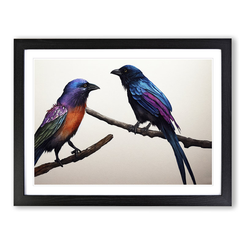 Crow Bird Watercolour Vol.3 - Single Picture Frame Print, Black, 25cm H x 34cm W x 2cm D