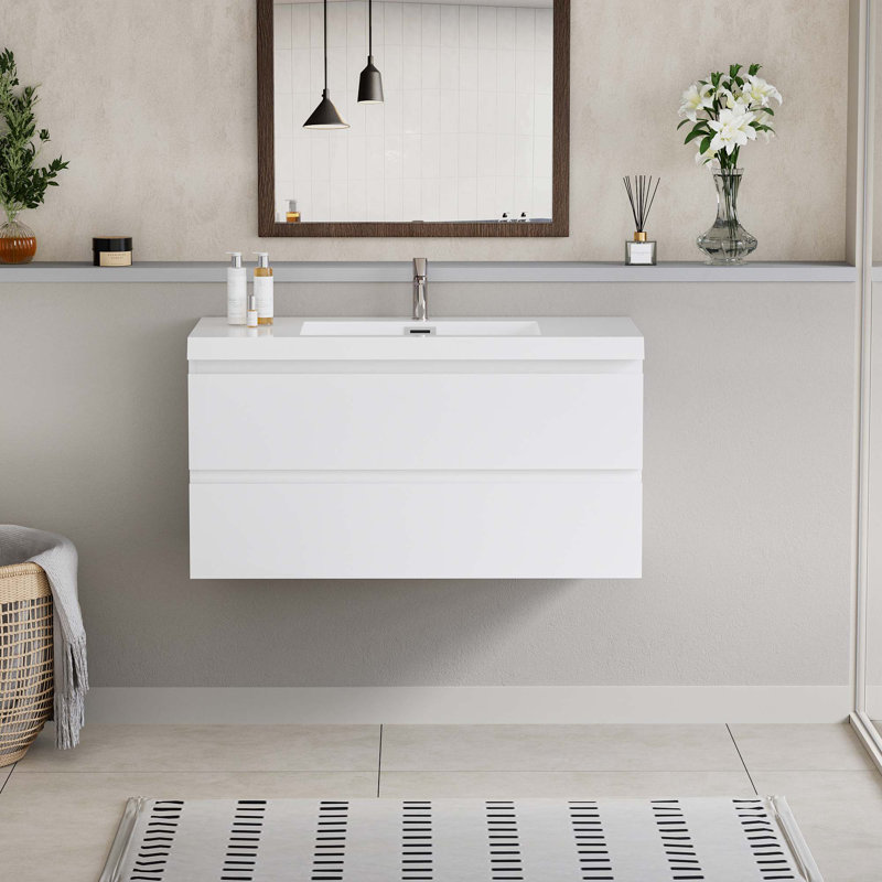 Meuble-lavabo flottant avec lavabo, meuble-lavabo mural moderne avec lavabo en résine et tiroirs à fermeture en douceur
